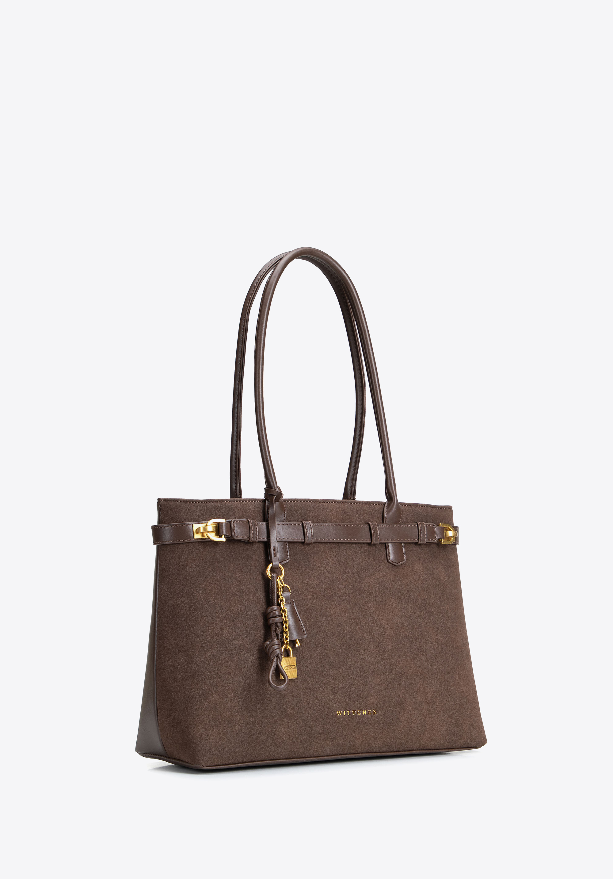 Geantă shopper din suedetă cu farmec decorativ, maro închis, 104-4Y-508-4, Fotografie 1