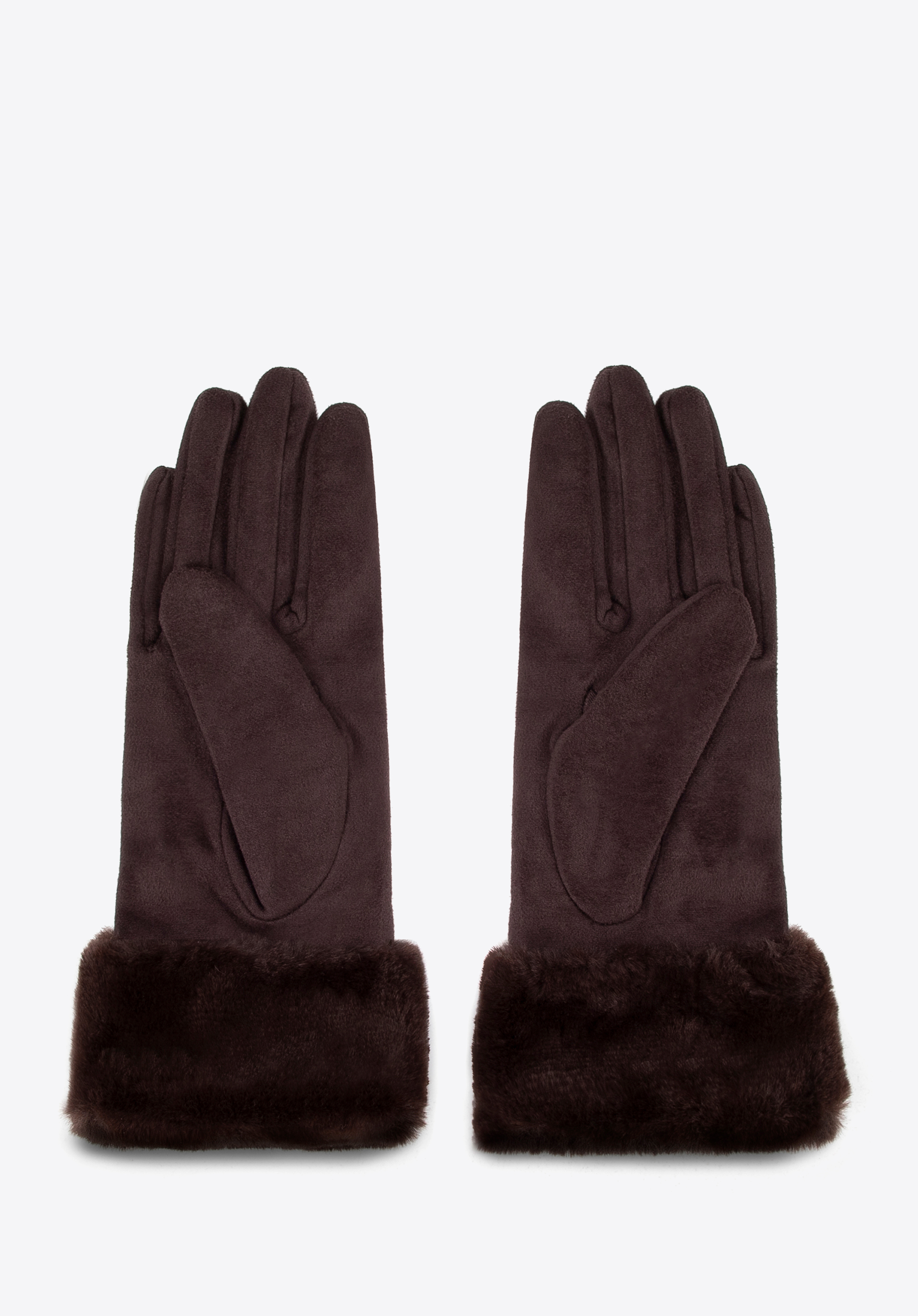 Mănuși de damă cu blană artificială, maro închis, 39-6P-010-B-M/L, Fotografie 1