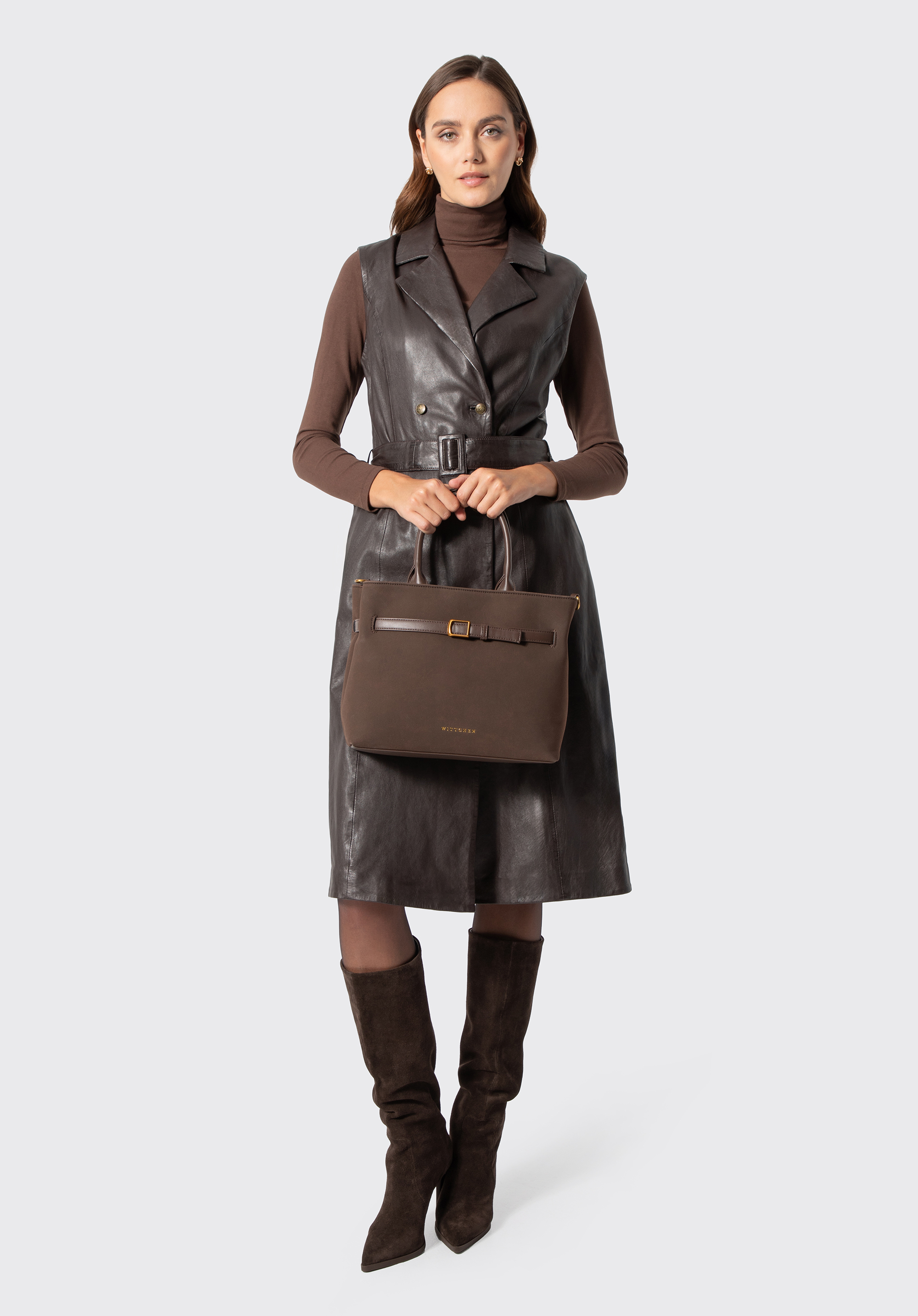 Rochie de piele pentru femei cu curea, maro închis, 29-09-406-4-L, Fotografie 1