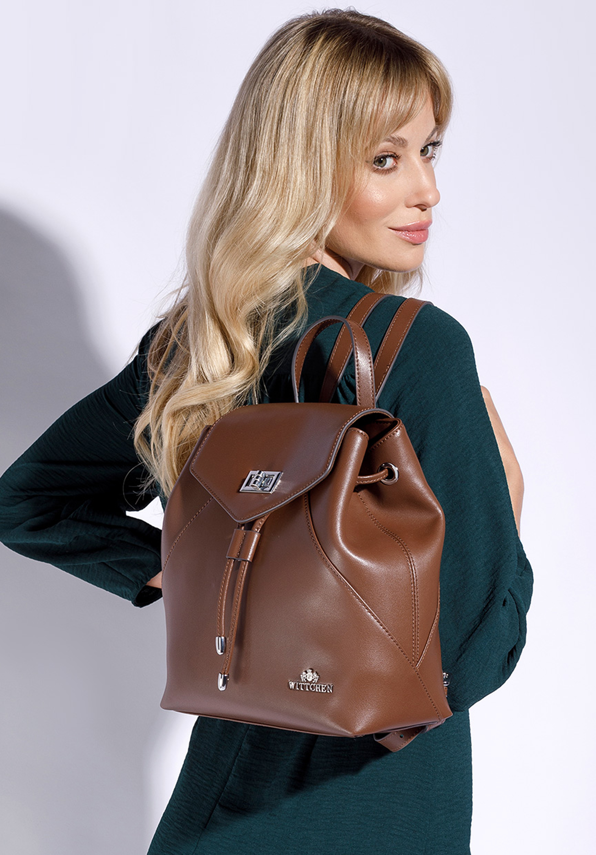 Rucsac de damă tip sac din piele cu cusături, maro închis, 95-4E-623-44, Fotografie 1