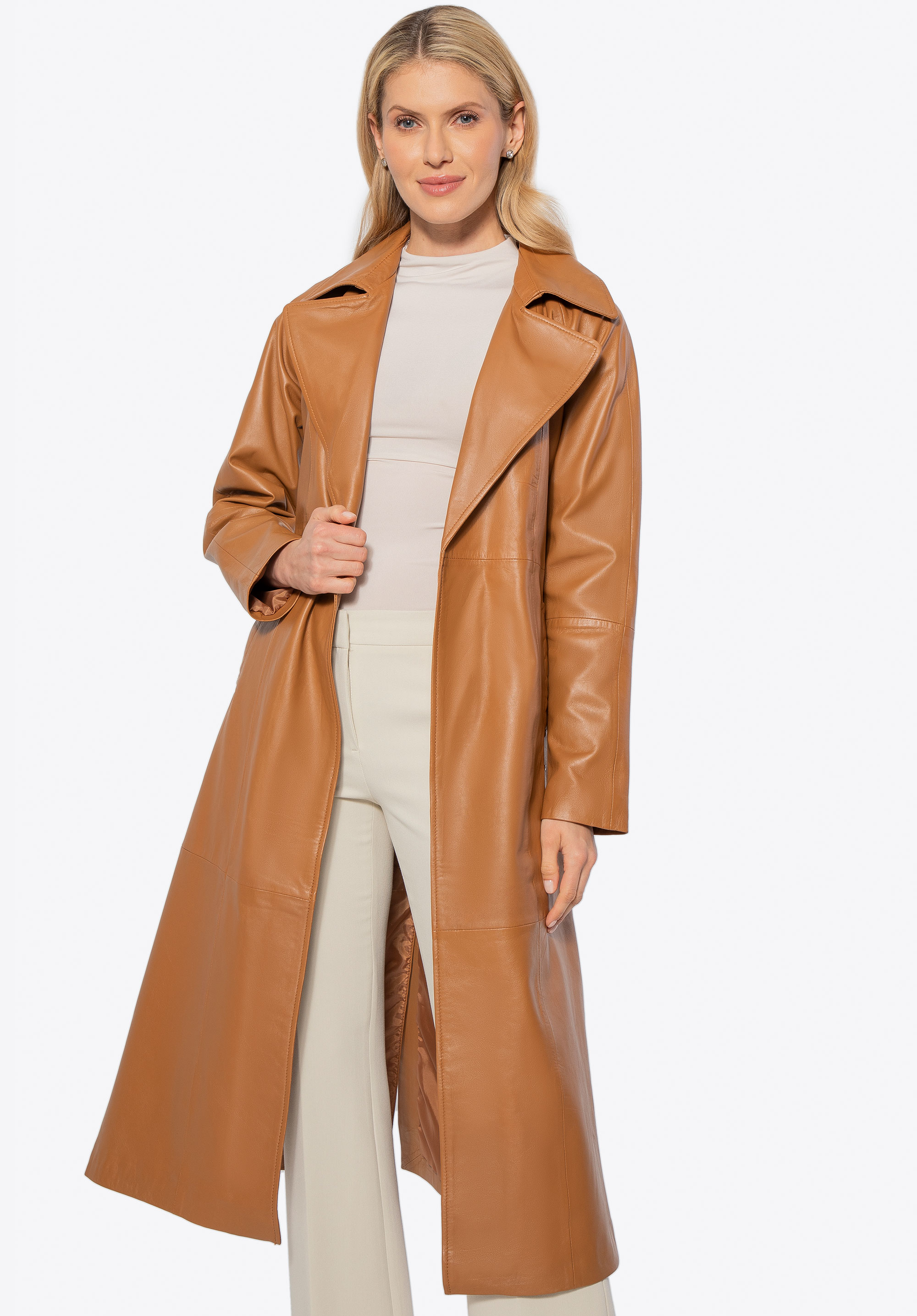 Palton de damă cu curea din piele, caramel, 100-09-803-1-M, Fotografie 1