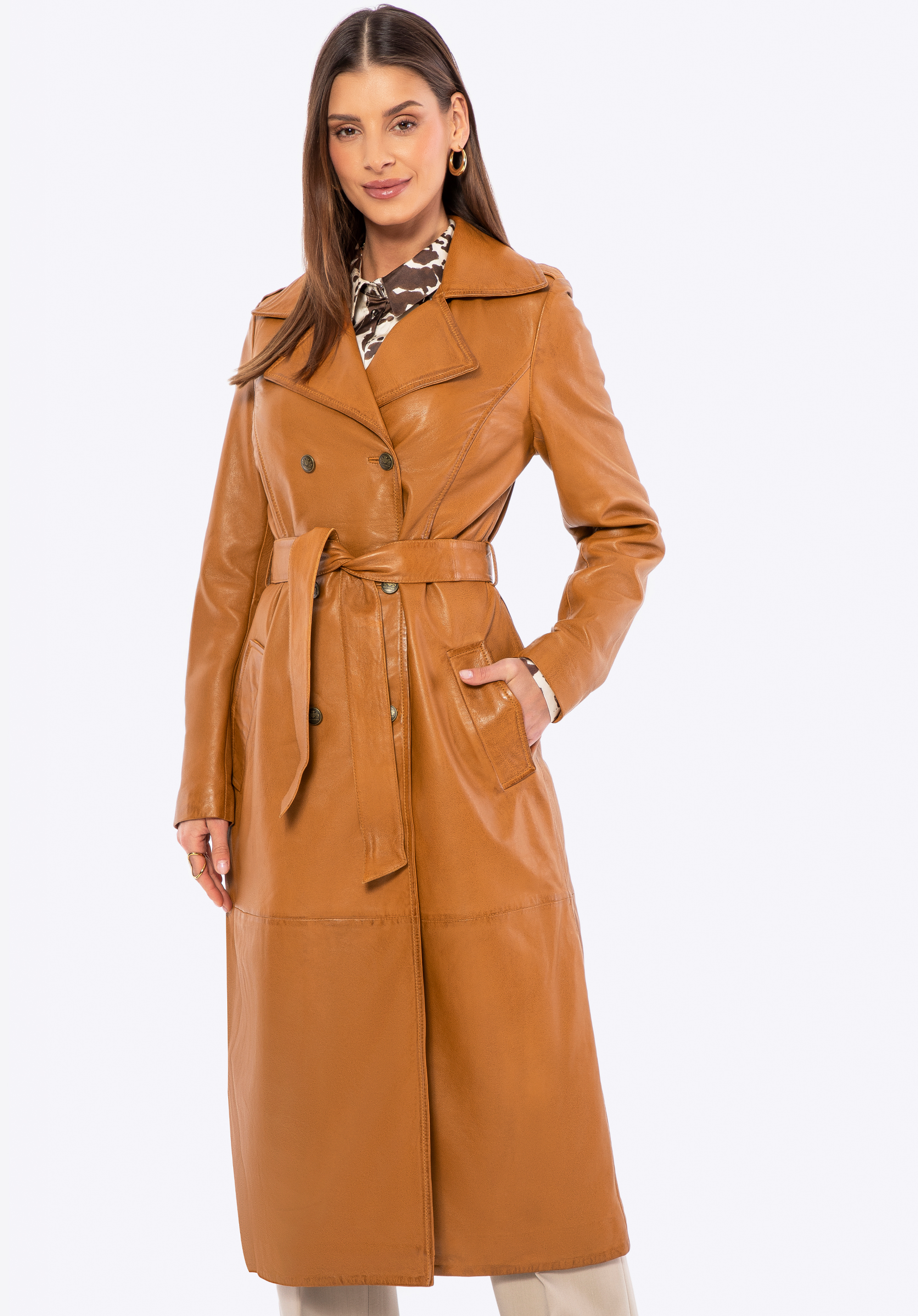 Palton din piele cu două rânduri de nasturi, caramel, 100-09-407-5-L, Fotografie 1