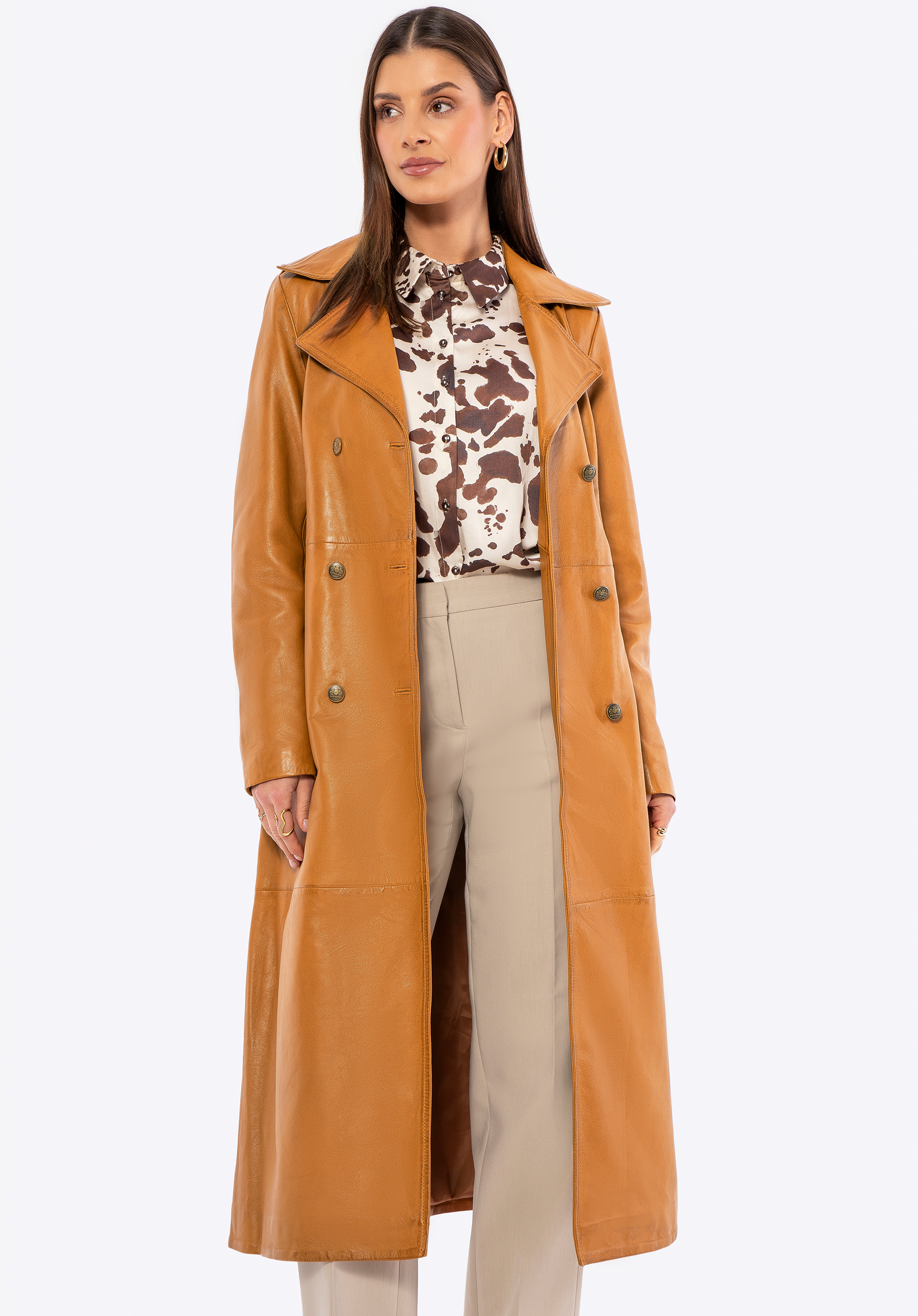 Palton din piele cu două rânduri de nasturi, caramel, 100-09-407-5-L, Fotografie 1