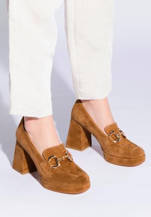 Pantofi cu platformă din piele de căprioară, cu detalii cu cataramă, maro, 96-D-509-5-40, Fotografie 1