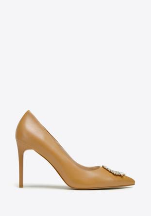 Pantofi din piele cu toc stiletto cu detaliu de cataramă strălucitor, maro, 97-D-517-5-35, Fotografie 1