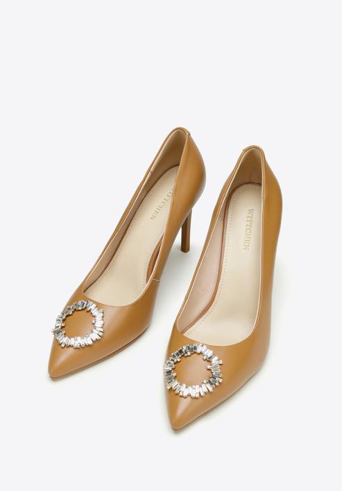 Pantofi din piele cu toc stiletto cu detaliu de cataramă strălucitor, maro, 97-D-517-0-41, Fotografie 2