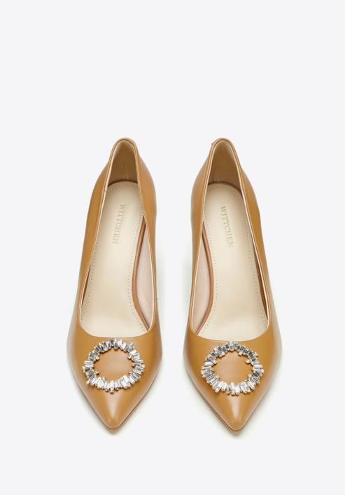Pantofi din piele cu toc stiletto cu detaliu de cataramă strălucitor, maro, 97-D-517-5-39, Fotografie 3