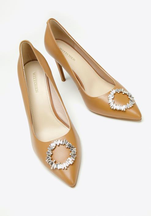 Pantofi din piele cu toc stiletto cu detaliu de cataramă strălucitor, maro, 97-D-517-0-41, Fotografie 8