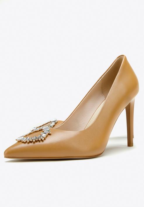Pantofi din piele cu toc stiletto cu detaliu de cataramă strălucitor, maro, 97-D-517-3-38, Fotografie 9