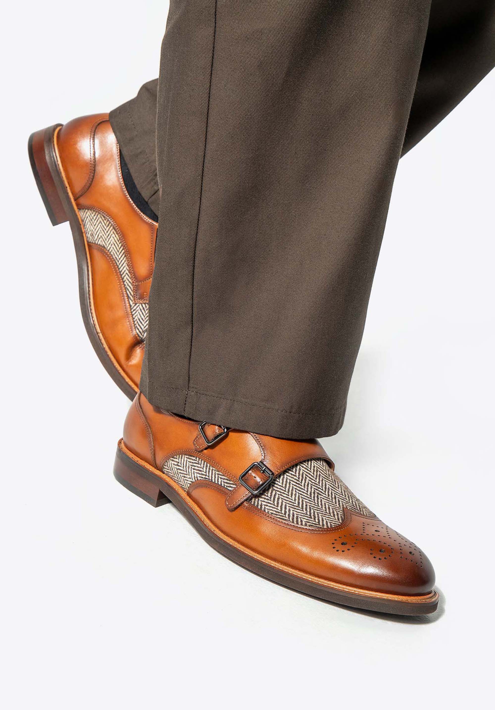 Pantofi monk dubli pentru bărbați cu detalii perforate, maro, 99-M-521-5-44, Fotografie 1