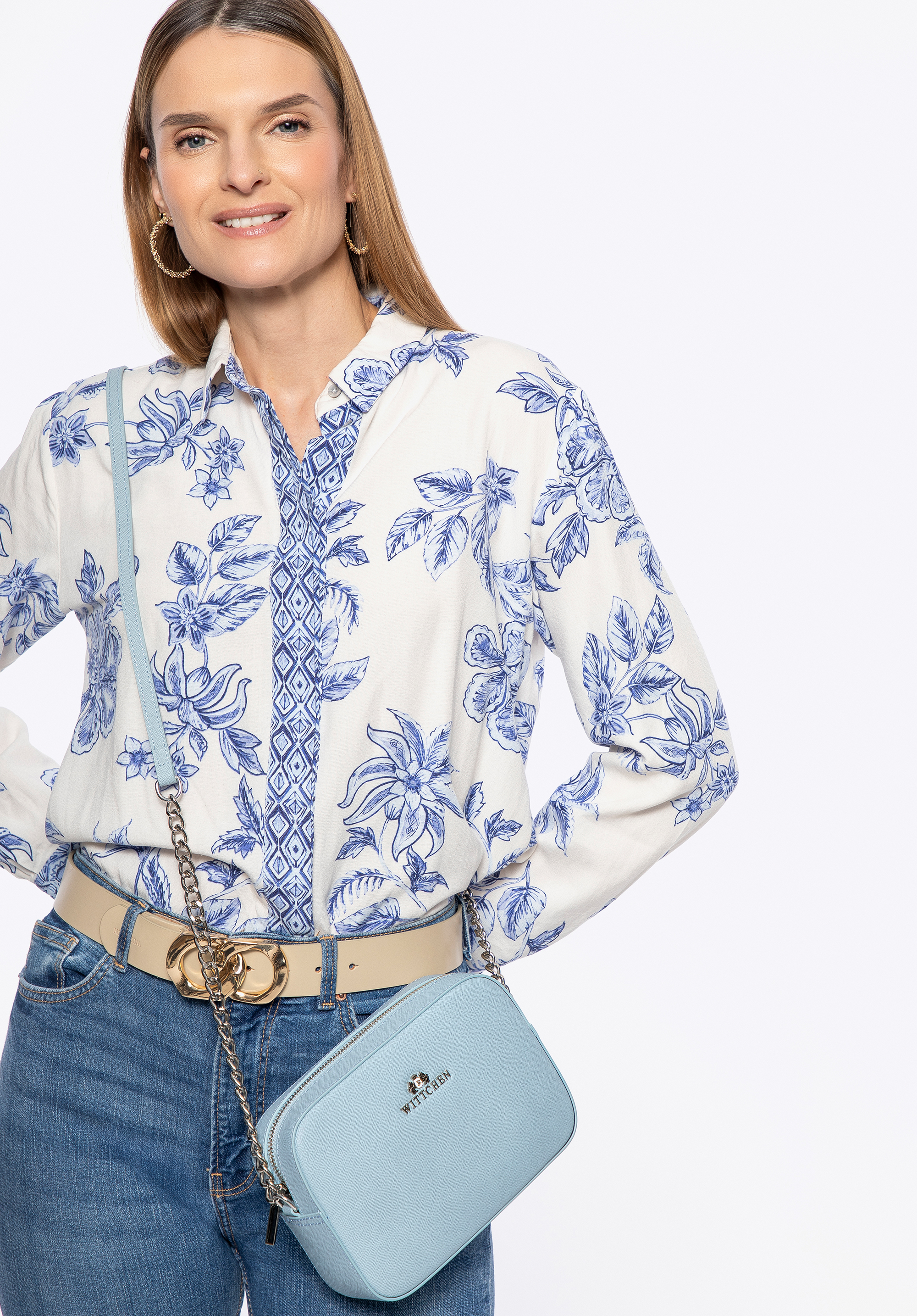 Crossbody kabelka z koženého řetízku Saffiano, modrá, 29-4E-019-N, Obrázek 1