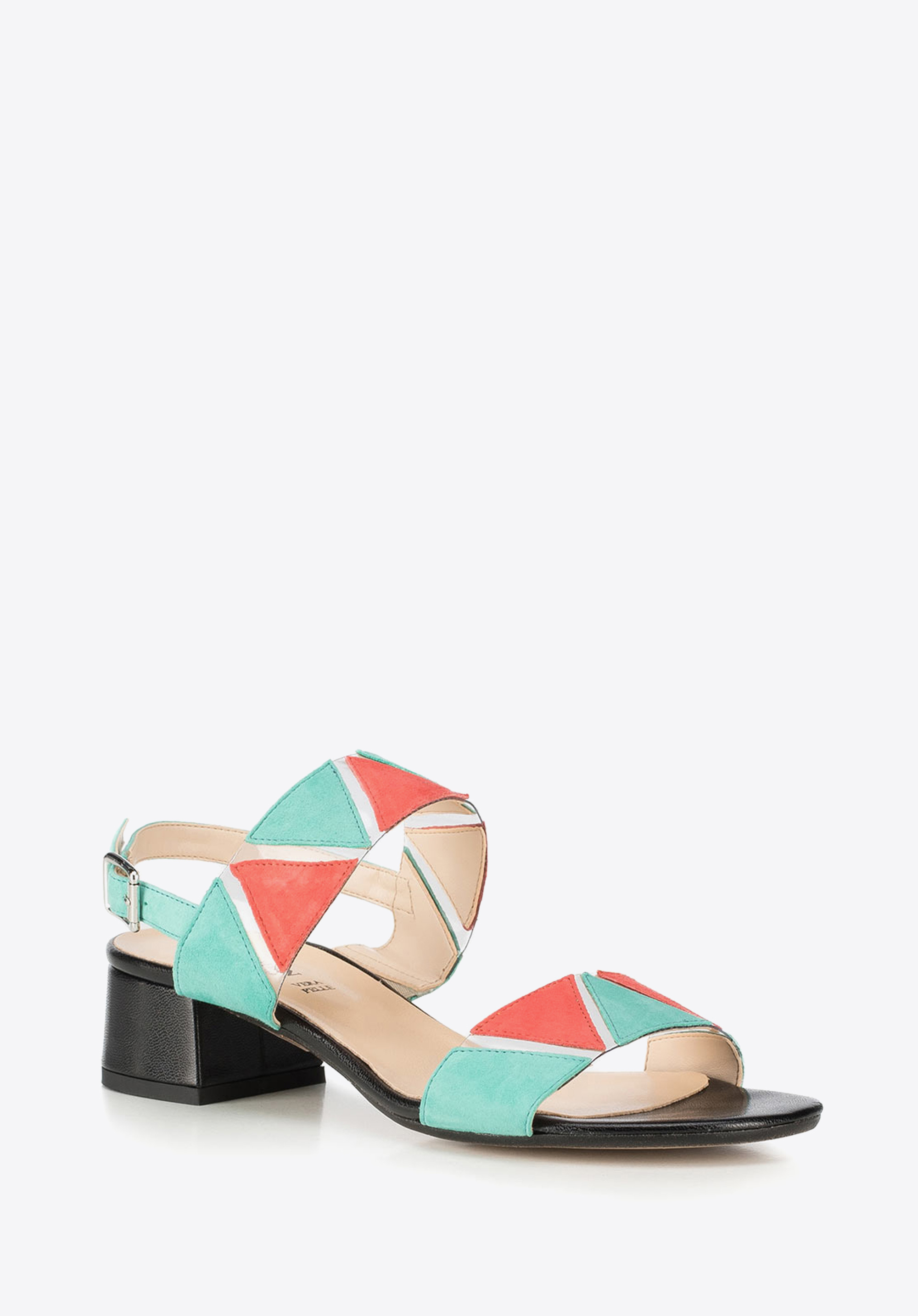 Sandale din piele pe cu toc pătrat jos cu inserții colorate, multicolor, 90-D-405-X-38, Fotografie 1