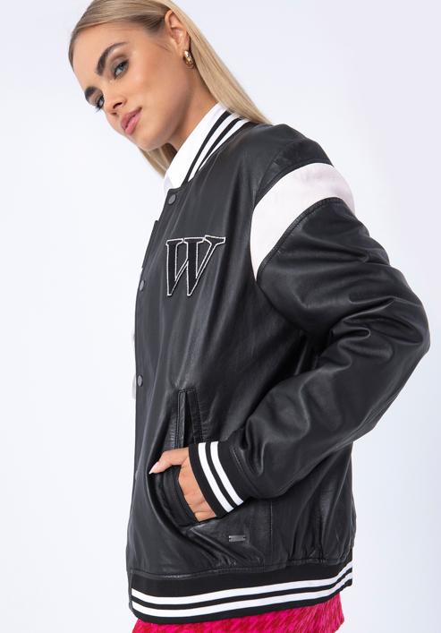 Geacă unisex bomber din piele cu monogramă, negru - alb, 97-09-203-43-L/XL, Fotografie 19