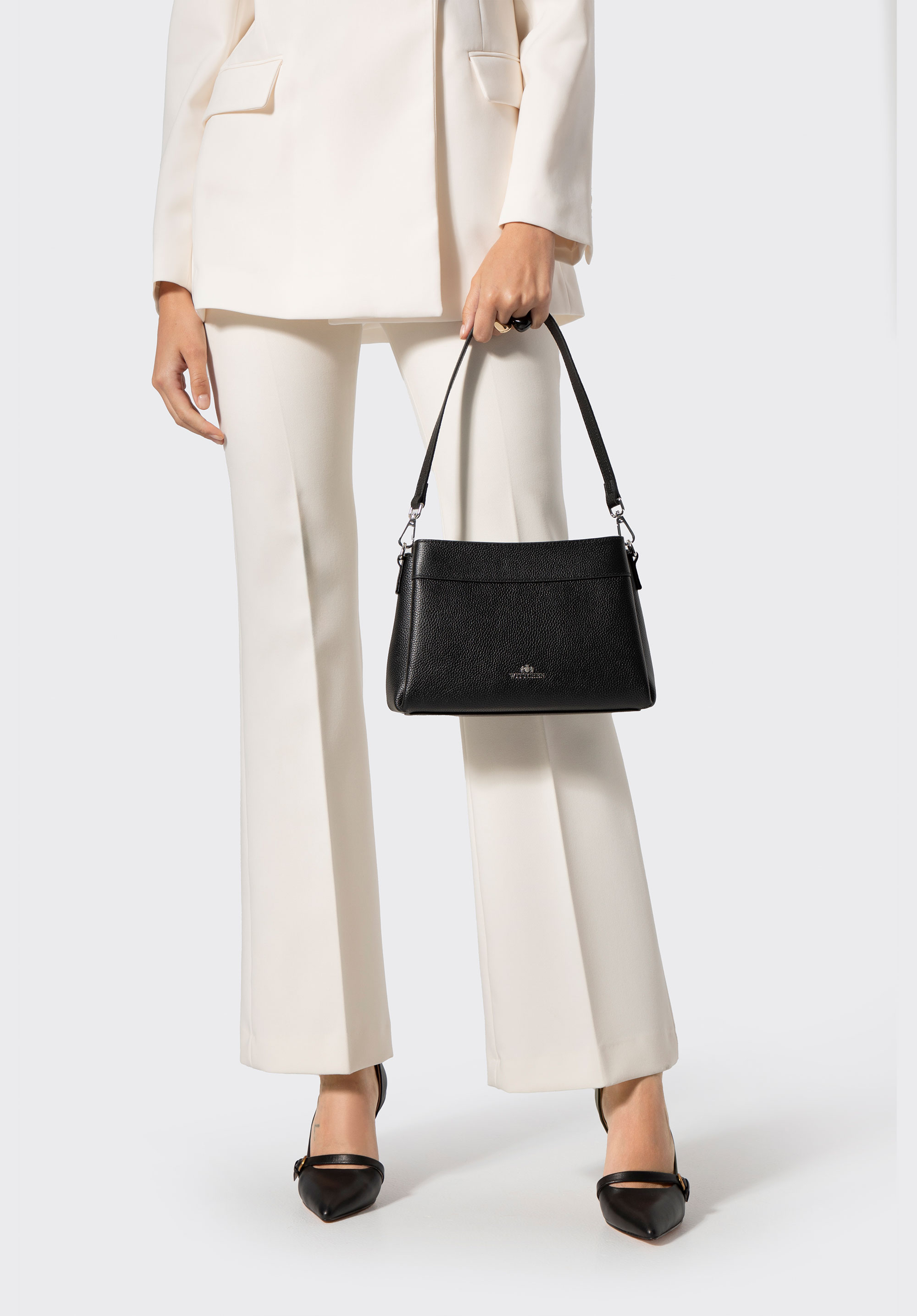 Geantă crossbody din piele pentru femei cu trei compartimente, negru - argintiu, 103-4E-630-1S, Fotografie 1