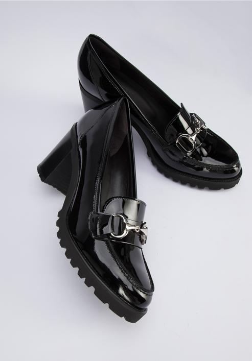 Pantofi damă cu toc lat din piele lăcuite pe platformă, negru - argintiu, 95-D-100-4-35, Fotografie 7