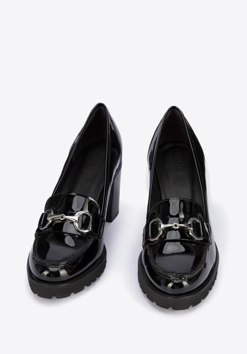 Pantofi damă cu toc lat din piele lăcuite pe platformă, negru - argintiu, 95-D-100-1-38_5, Fotografie 2