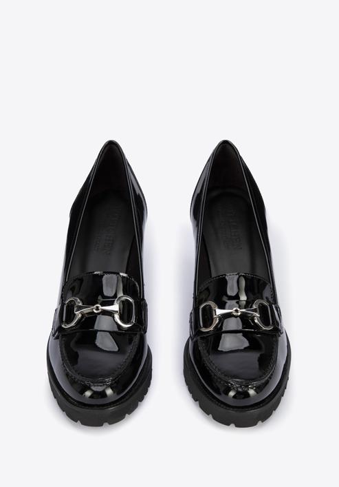 Pantofi damă cu toc lat din piele lăcuite pe platformă, negru - argintiu, 95-D-100-4-40, Fotografie 3