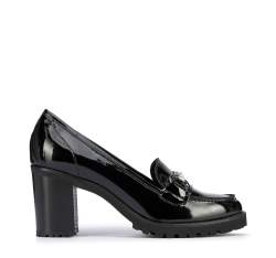 Pantofi damă cu toc lat din piele lăcuite pe platformă, negru - argintiu, 95-D-100-1L-37, Fotografie 1