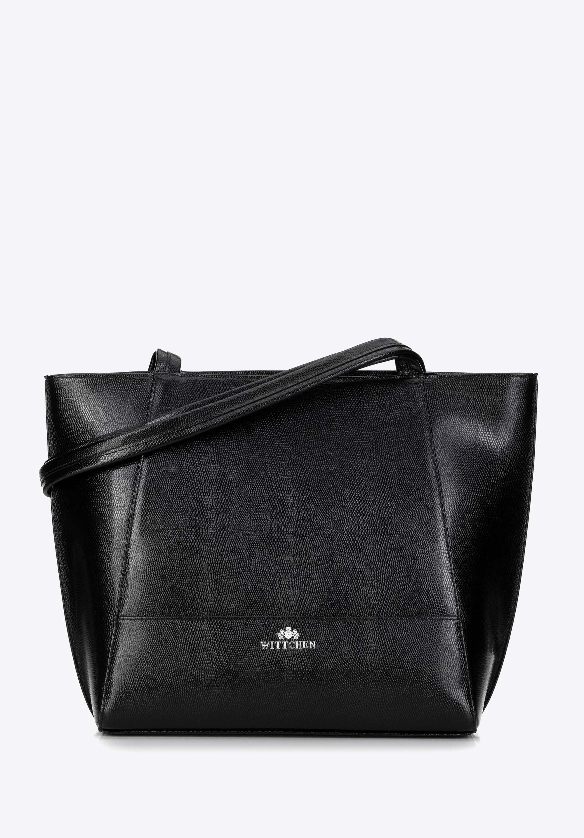 Shopper din piele de șopârlă cu cusături, negru - argintiu, 29-4E-626-1S, Fotografie 1