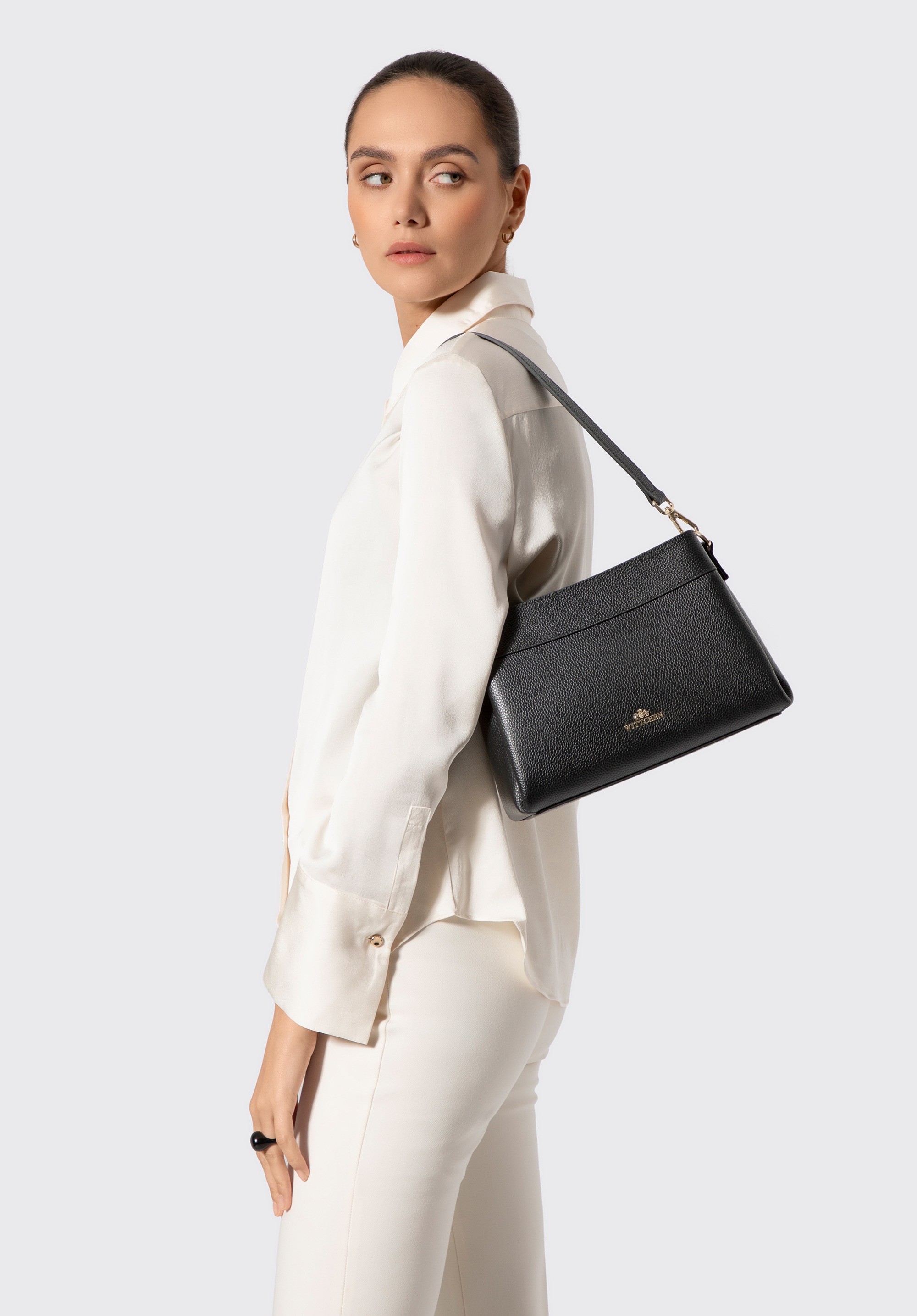 Geantă crossbody din piele pentru femei cu trei compartimente, negru - auriu, 103-4E-630-1G, Fotografie 1