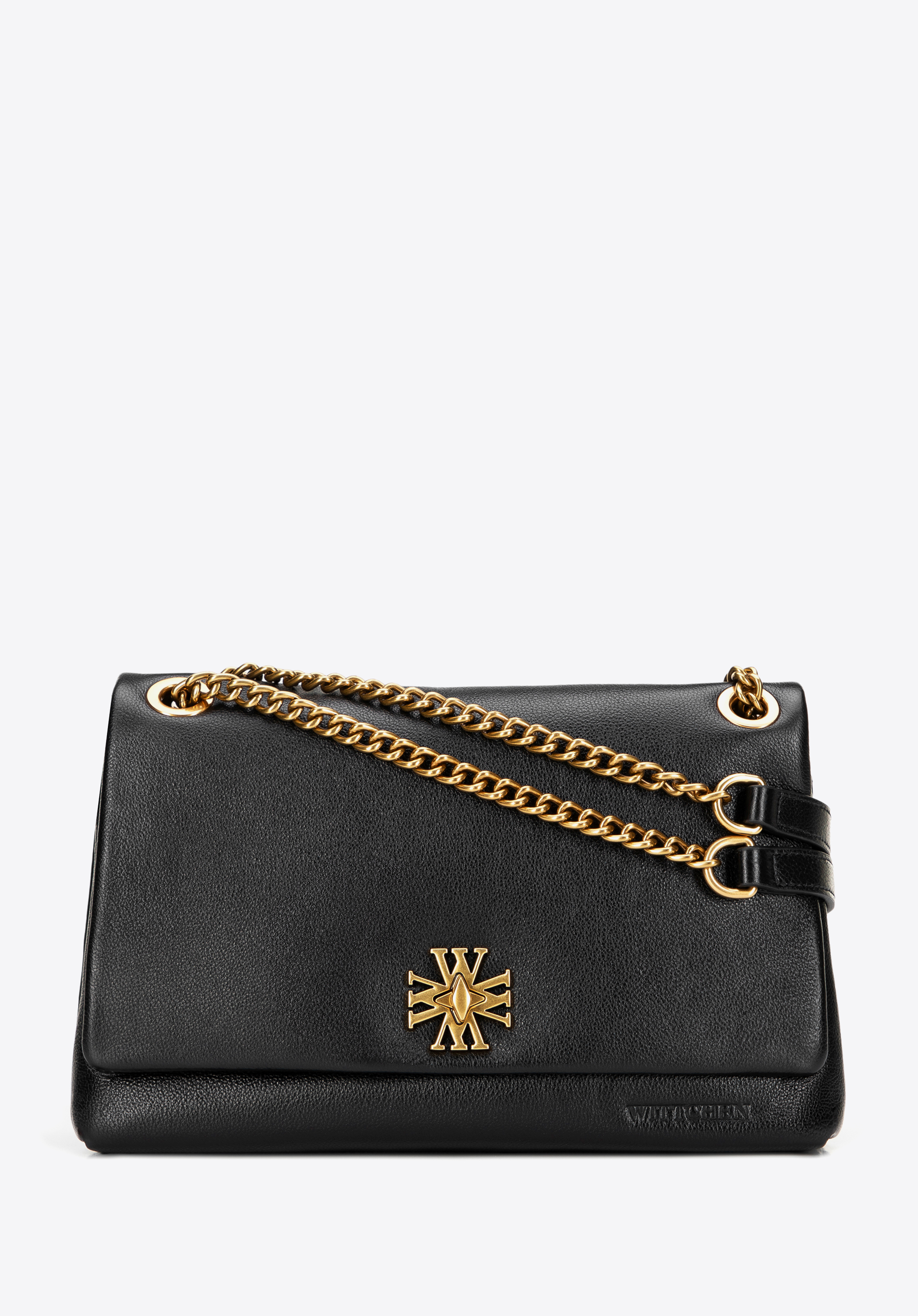 Geantă crossbody din piele pentru femei cu lanț, negru - auriu, 101-4E-606-1G, Fotografie 1