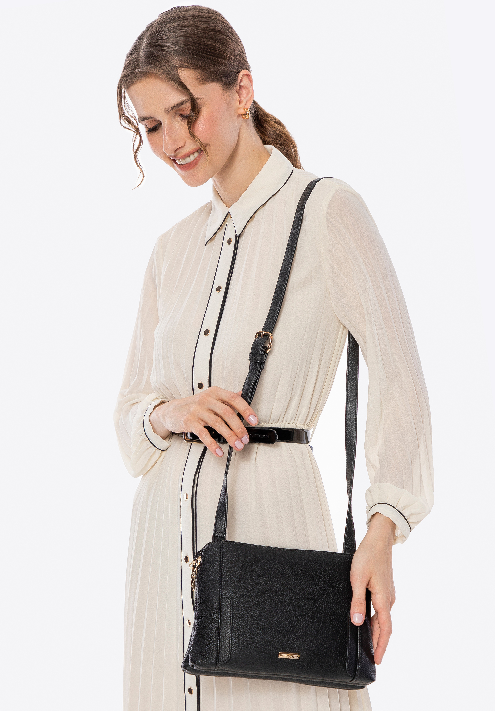 Geantă crossbody pentru femei cu două compartimente, negru - auriu, 100-4Y-009-1G, Fotografie 1