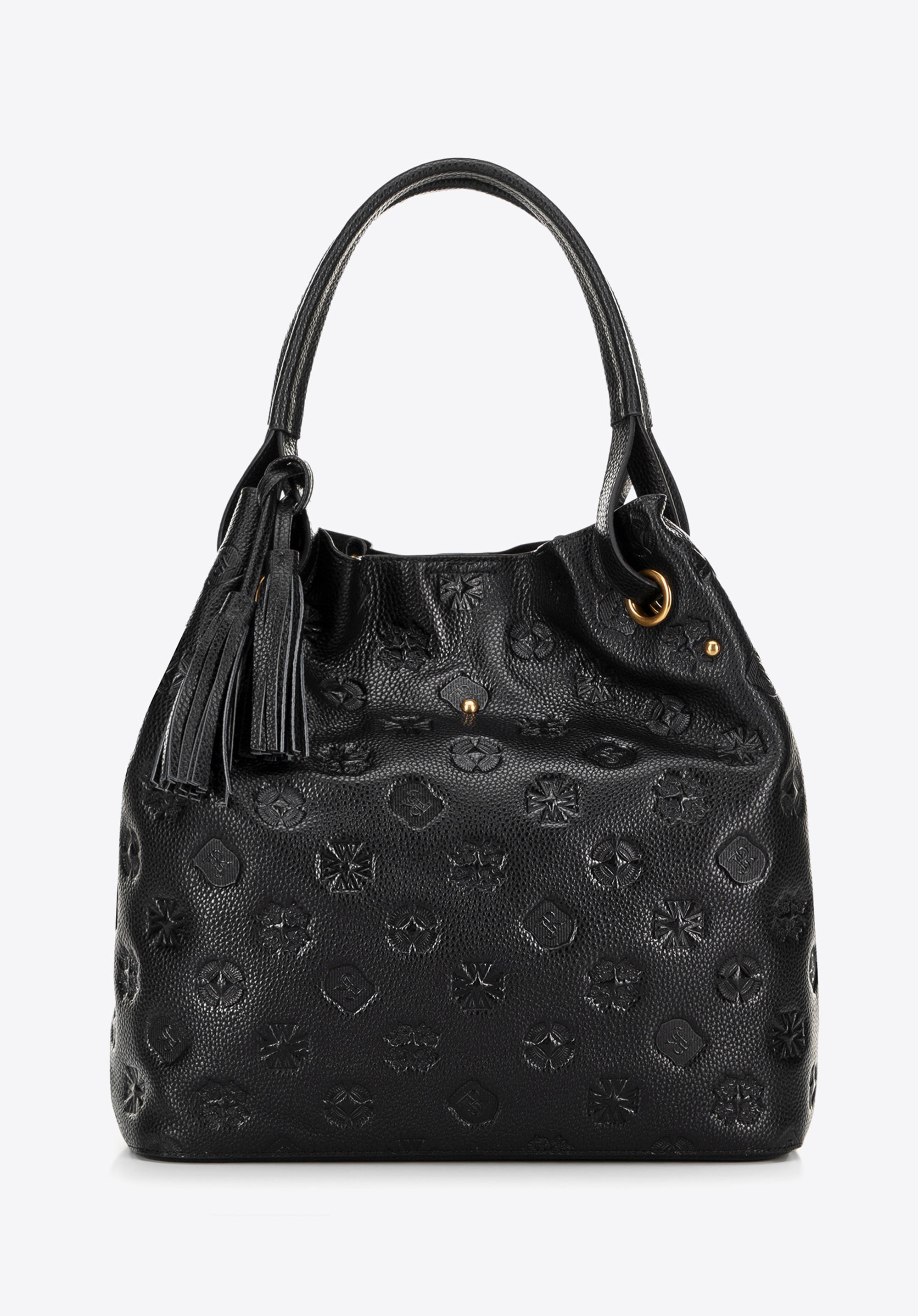 Geantă hobo  din piele cu monogramă în relief, negru - auriu, 100-4E-632-1G, Fotografie 1