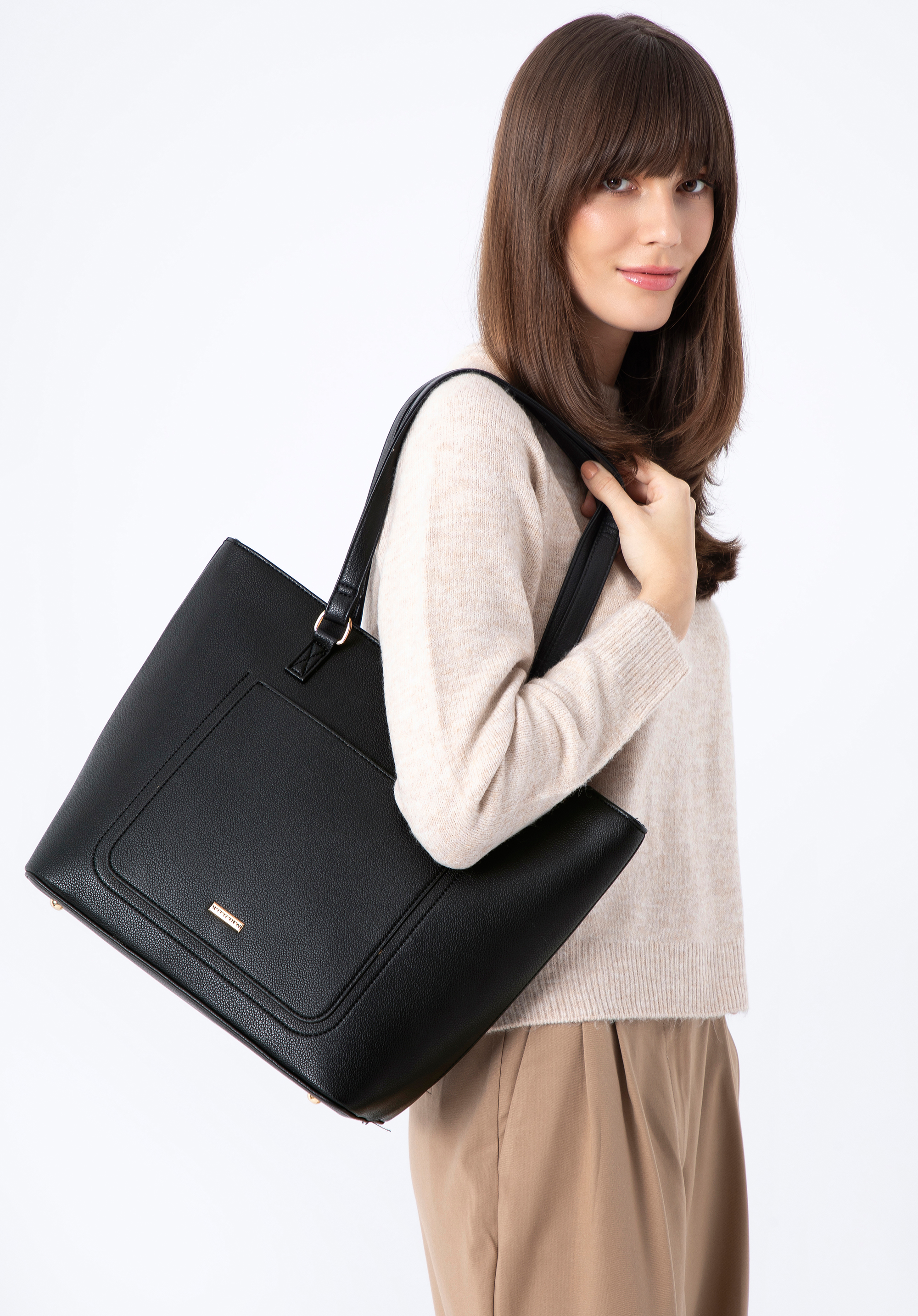 Geantă shopper din imitație de piele, negru - auriu, 29-4Y-010-1G, Fotografie 1