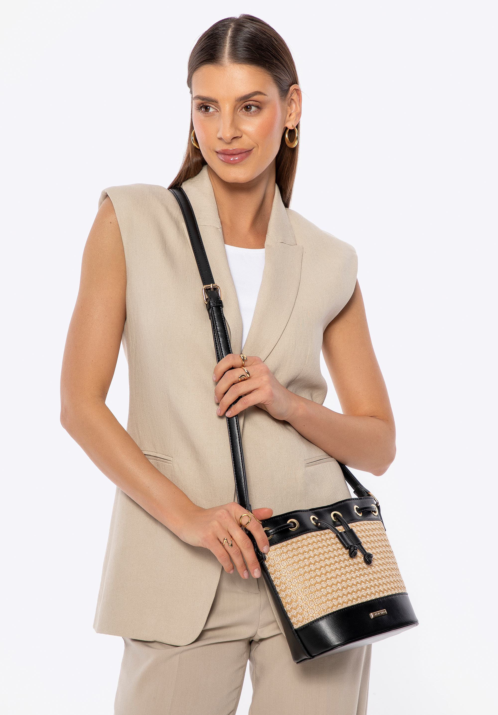 Geantă hobo de damă cu design țesut, negru - bej, 100-4Y-410-95, Fotografie 4