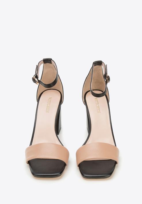 Sandale de damă din piele bicolore cu toc lat, negru - bej, 94-D-958-1-40, Fotografie 3
