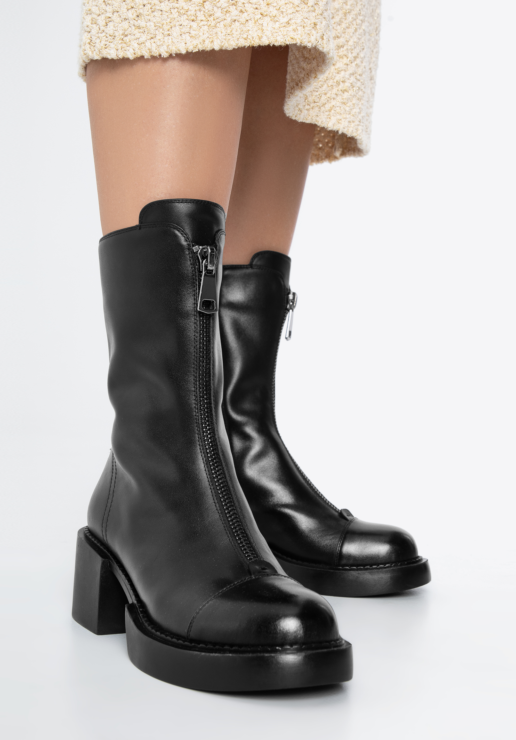 Botine din piele cu fermoar frontal, negru, 97-D-500-1-41, Fotografie 1