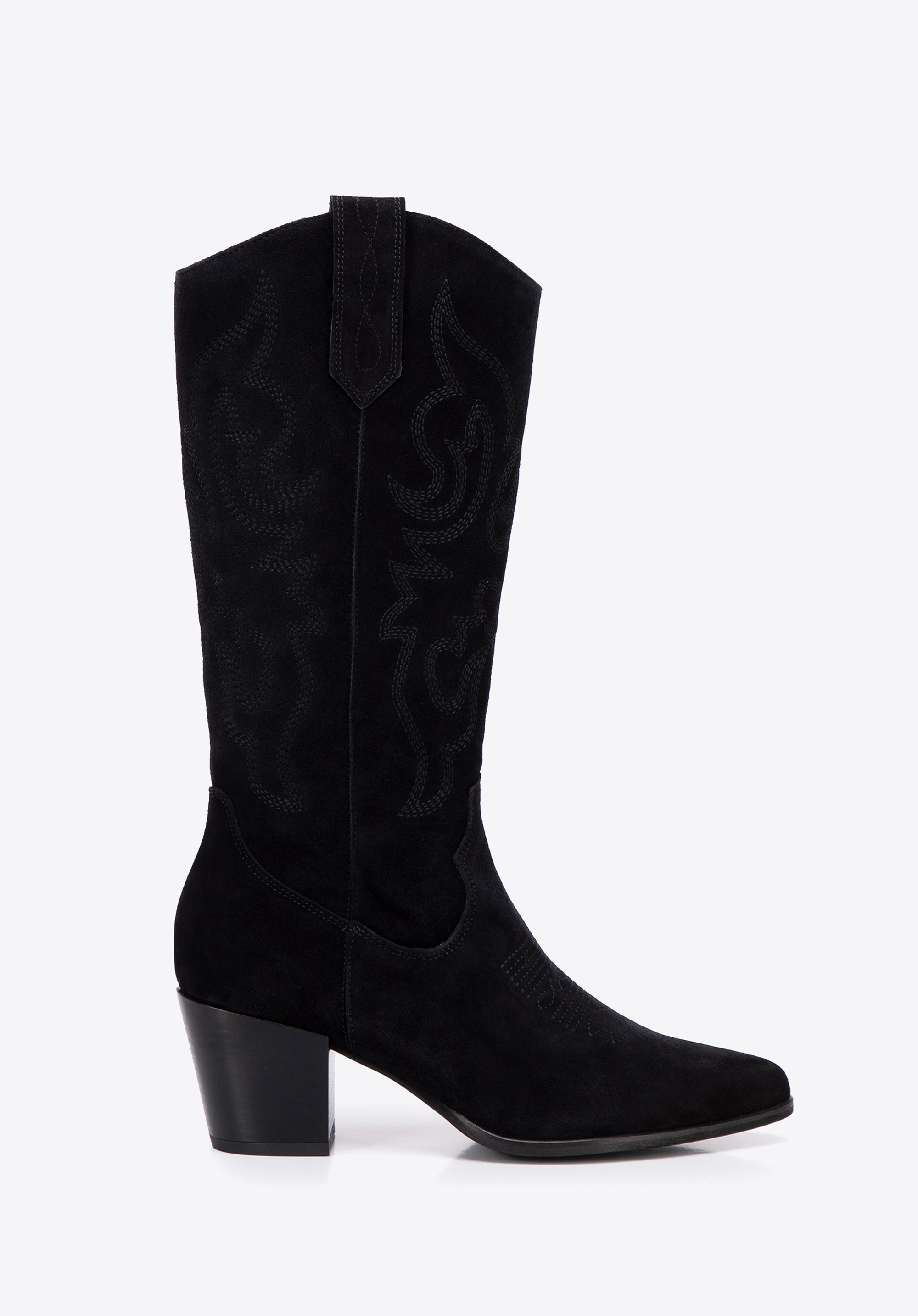 Cizme cowboy din piele întoarsă brodată și vârf ascuțit, negru, BD-B-805-1-38, Fotografie 1