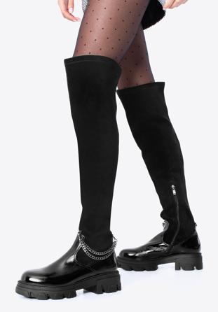 Cizme de damă peste genunchi din piele lăcuită cu detaliu de lanț, negru, 97-D-502-1L-40, Fotografie 1