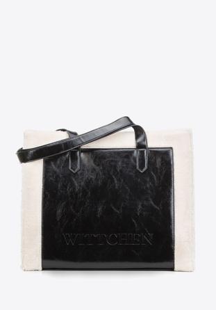 Geantă shopper cu garnitură din blană artificială, negru-crem, 97-4Y-250-4, Fotografie 1