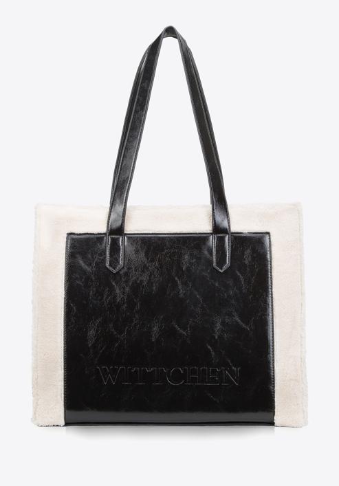 Geantă shopper cu garnitură din blană artificială, negru-crem, 97-4Y-250-4, Fotografie 2