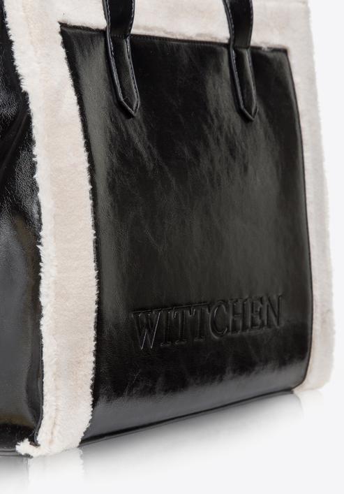 Geantă shopper cu garnitură din blană artificială, negru-crem, 97-4Y-250-1, Fotografie 6