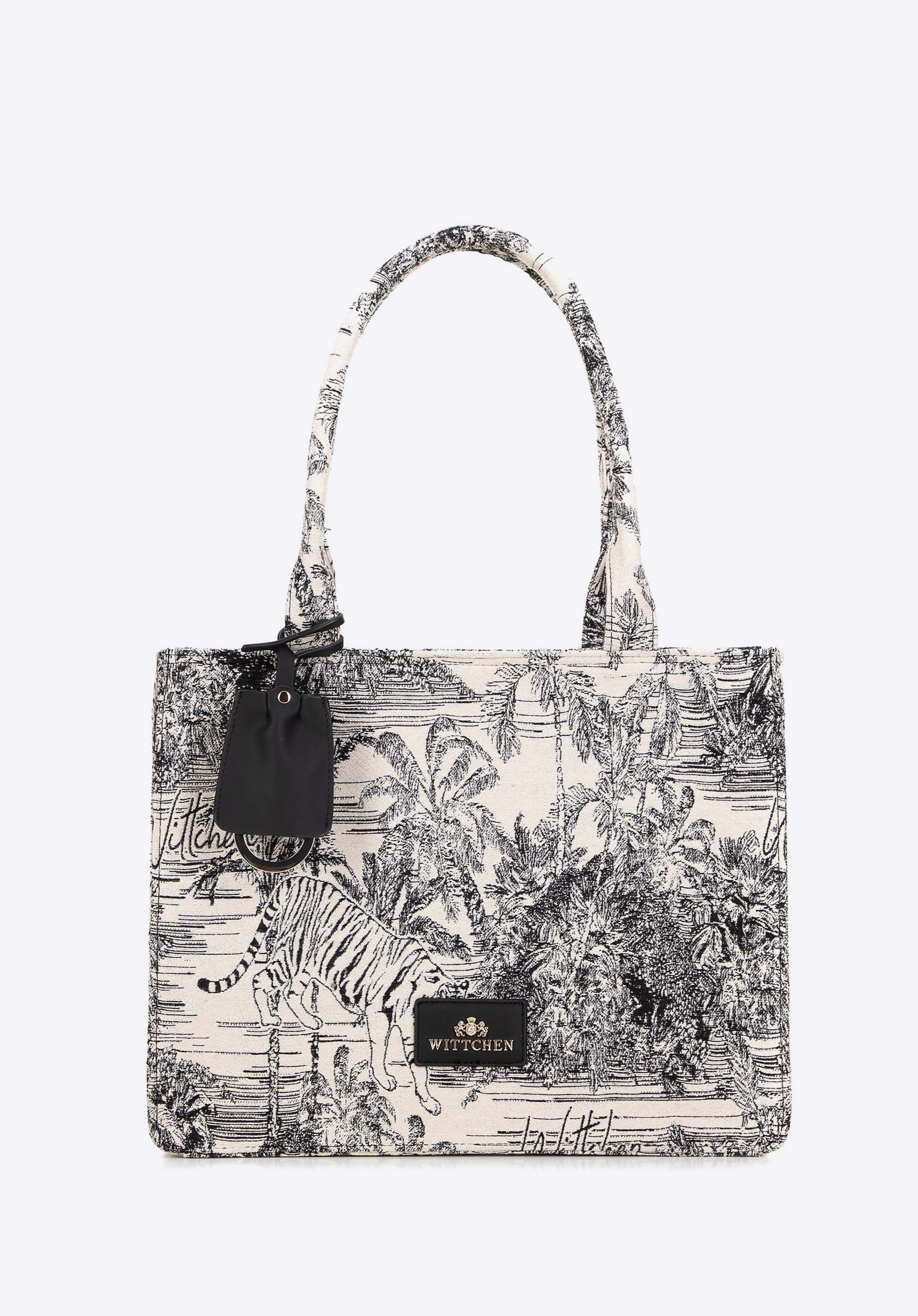 Geantă shopper damă jacquard cu ciucuri, negru-crem, 99-4E-501-X2, Fotografie 1