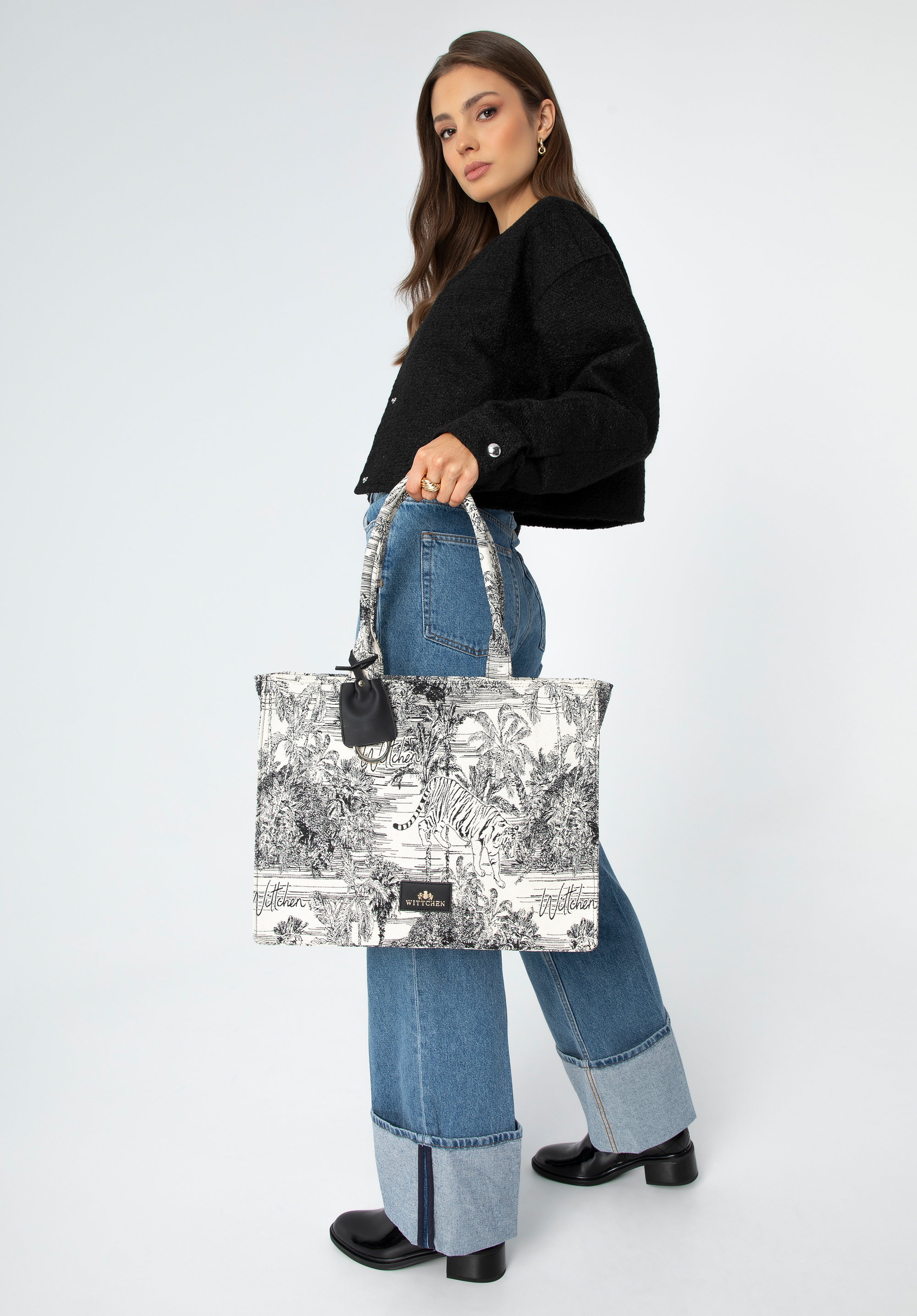Geantă shopper de damă cu model jacquard, negru-crem, 99-4E-500-X2, Fotografie 1