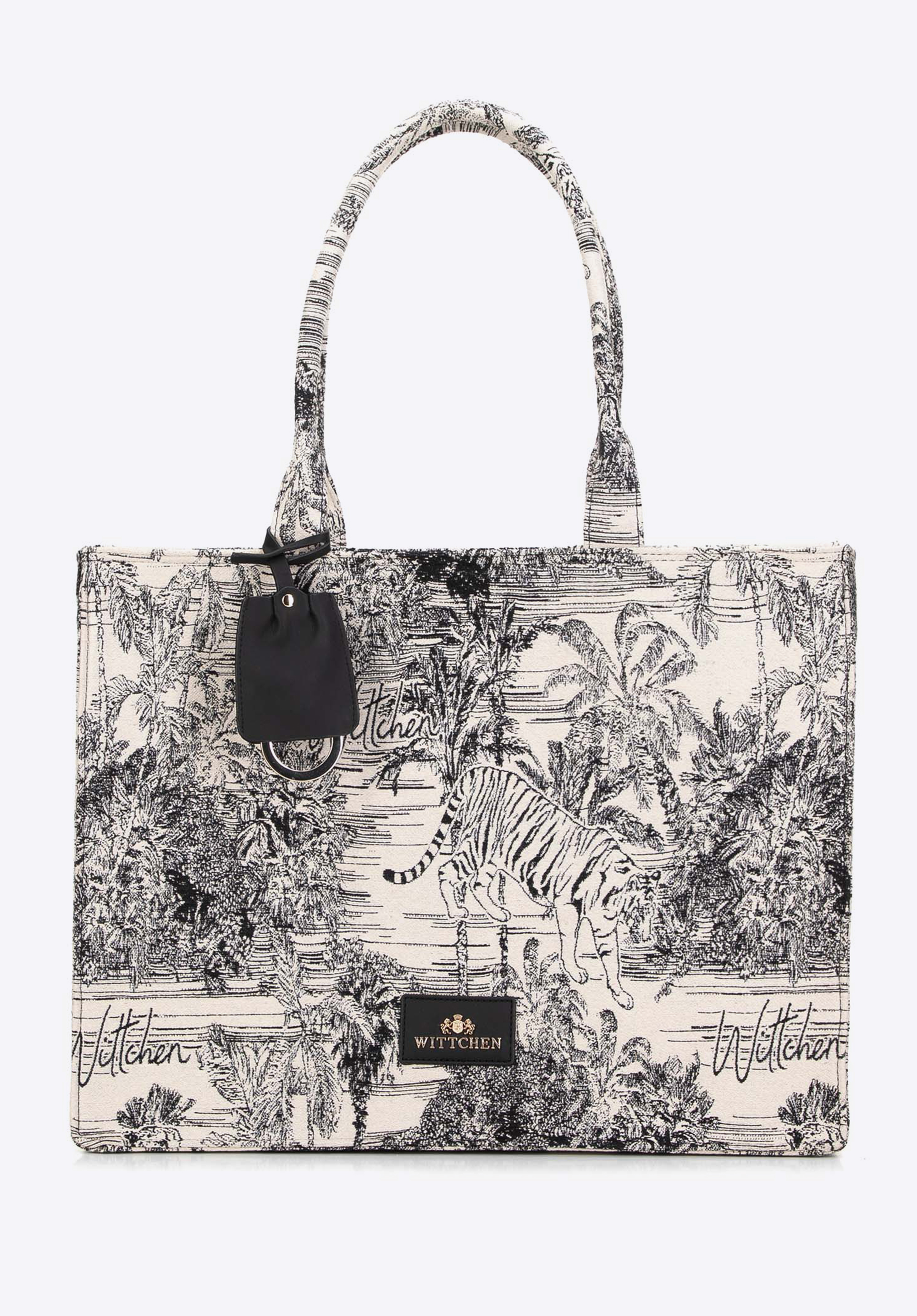 Geantă shopper de damă cu model jacquard, negru-crem, 99-4E-500-X2, Fotografie 1