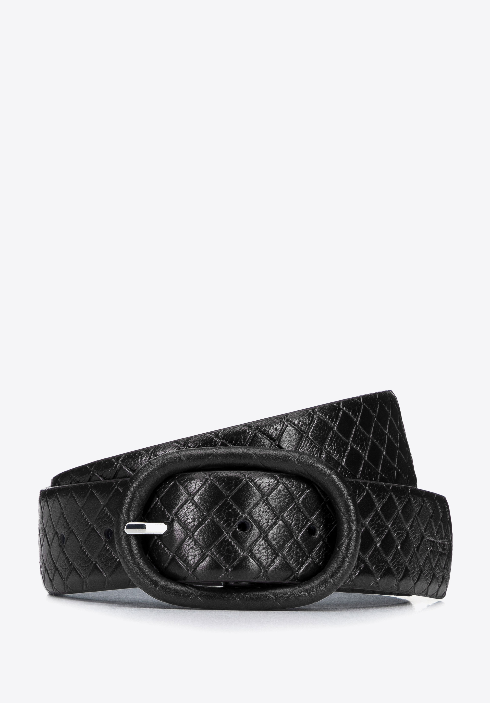 Curea de damă din piele cu relief geometric, negru, 95-8D-807-4-L, Fotografie 1