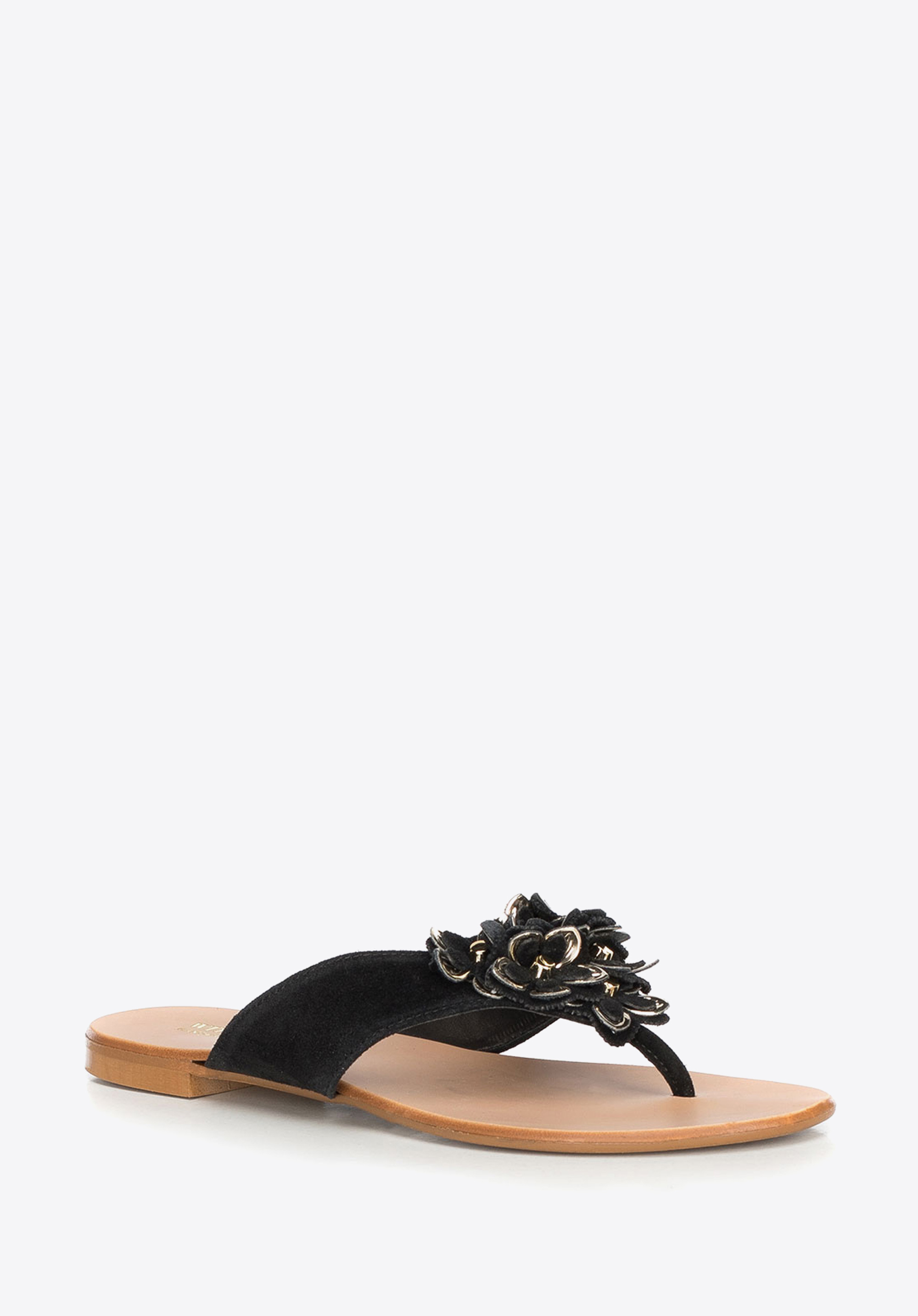 Flip-flops damă din piele întoarsă cu flori, negru, 90-D-252-1-38, Fotografie 1