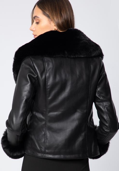 Jachetă pentru femei din piele artificială cu detaliu din blană artificială, negru, 97-9P-107-1-XL, Fotografie 4