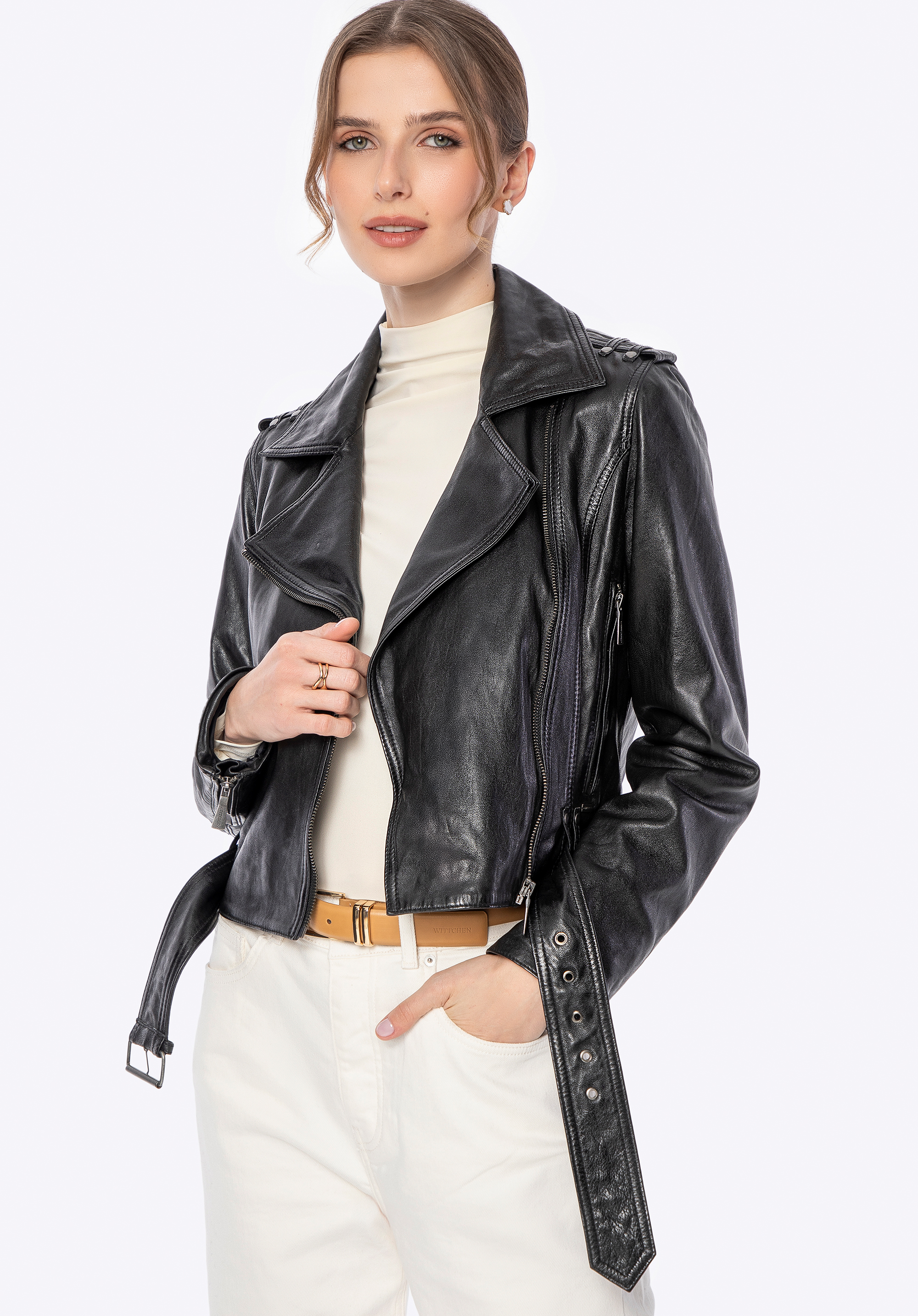 Geacă biker din piele naturală de oaie, negru, 100-09-806-1-XL, Fotografie 1