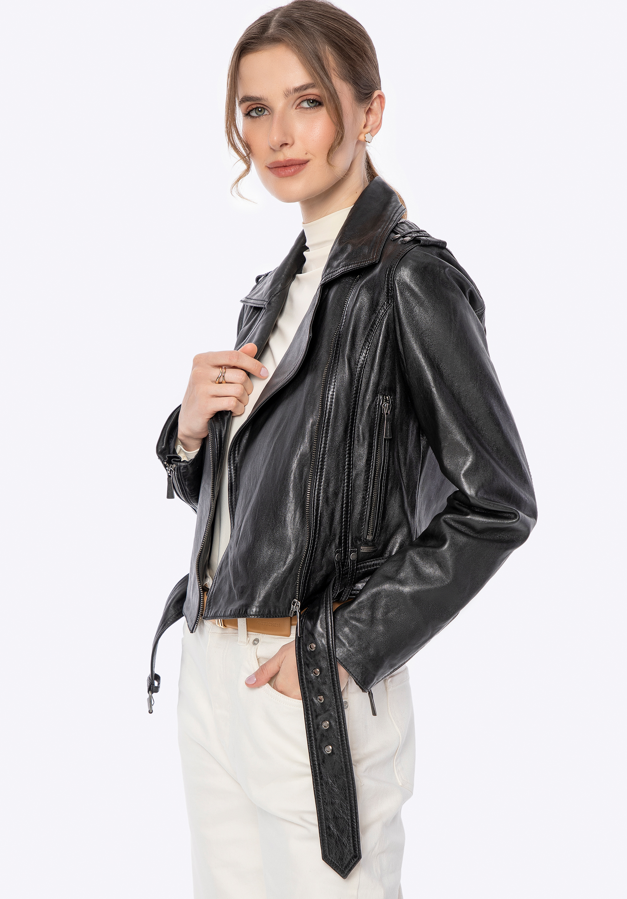 Geacă biker din piele naturală de oaie, negru, 100-09-806-1-XL, Fotografie 1
