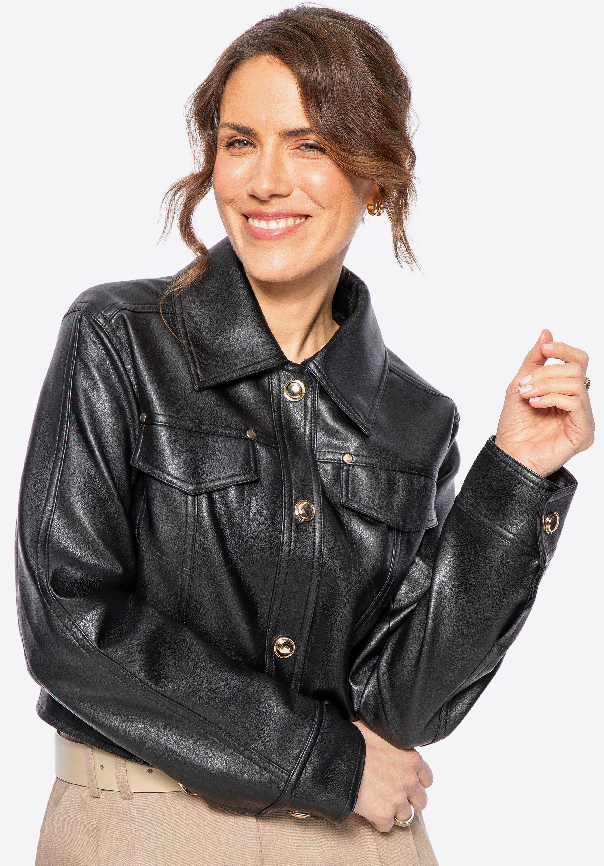 Geacă de damă din piele ecologică cu epoleți, negru, 100-9P-103-4-L, Fotografie 1