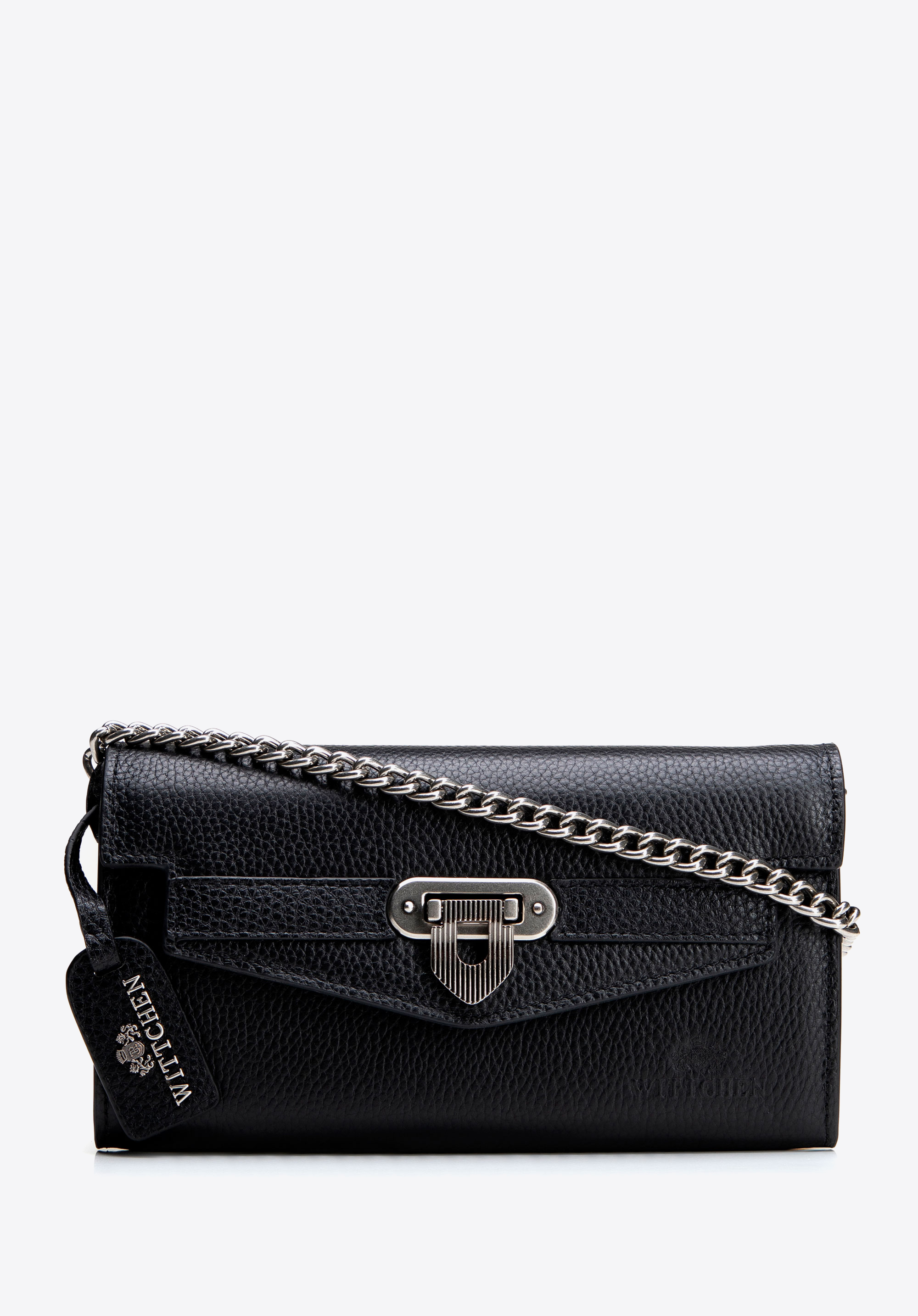 Geantă de umăr tip clutch din piele pentru femei cu curea de lanț, negru, 101-4E-217-1, Fotografie 1