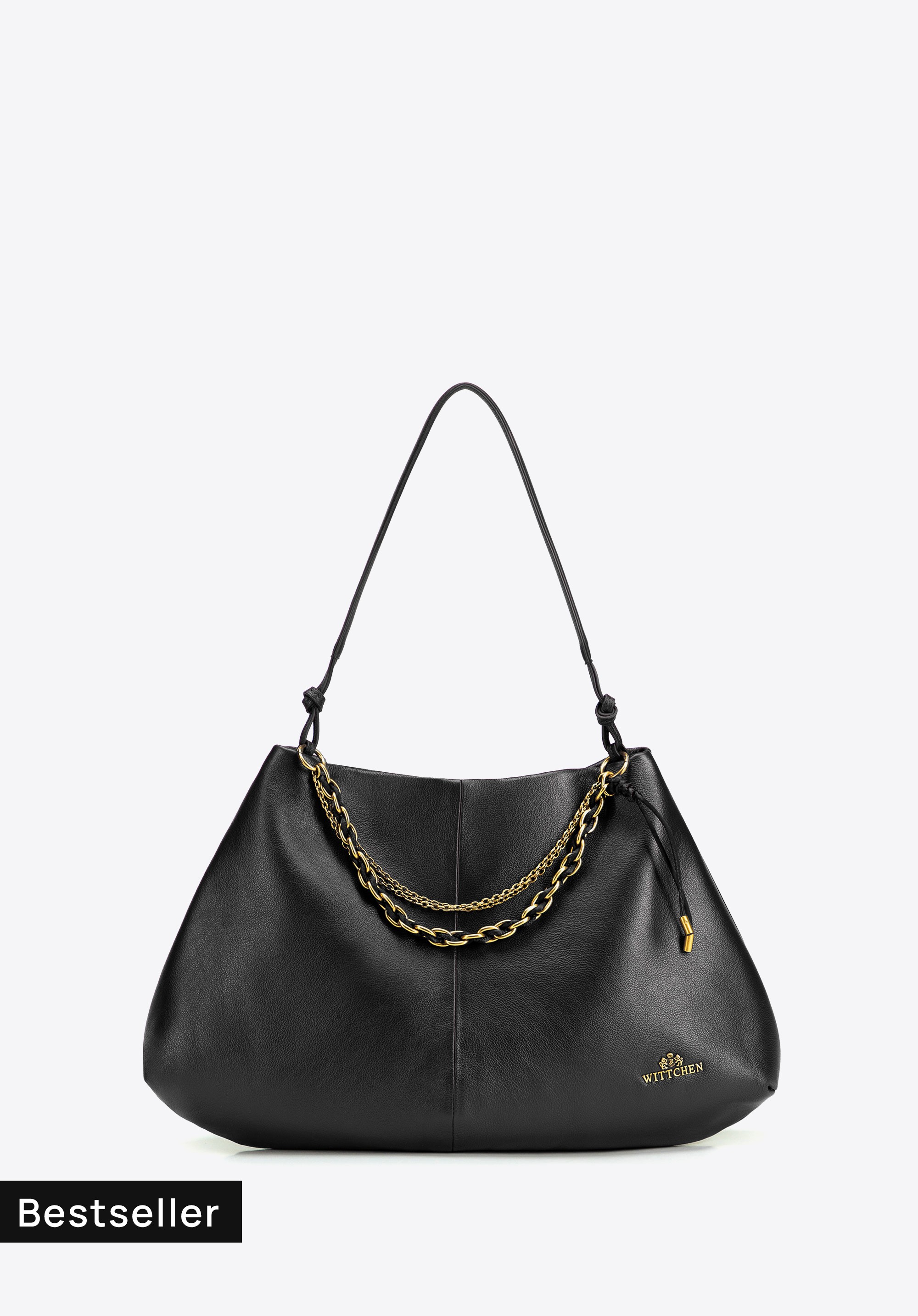 Geantă hobo din piele pentru femei cu lanțuri decorative, negru, 103-4E-602-1, Fotografie 1