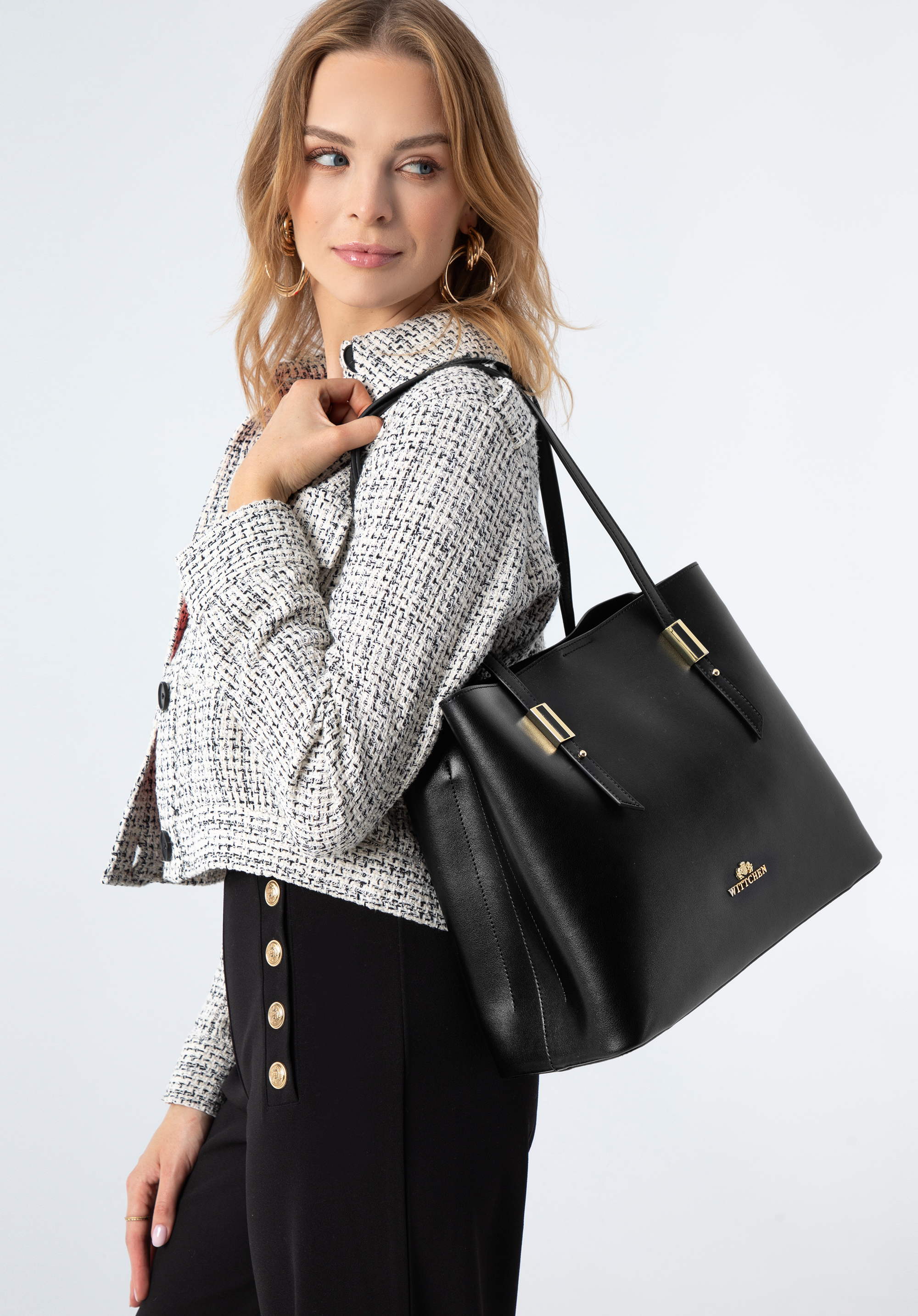 Geantă shopper din piele cu trei compartimente, negru, 97-4E-616-1, Fotografie 1