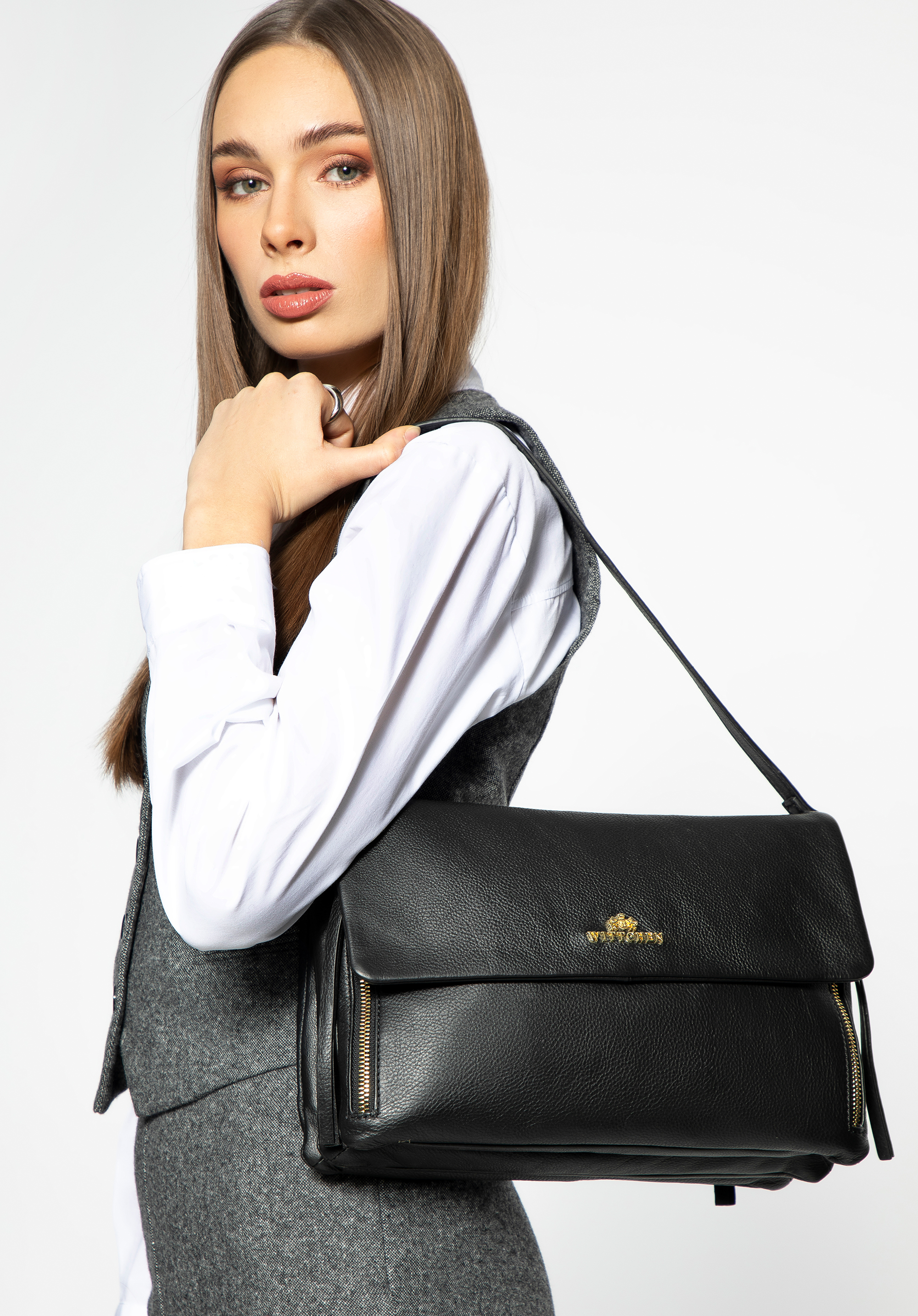 Geantă din piele de umăr cu 3 compartimente, negru, 99-4E-003-1, Fotografie 1