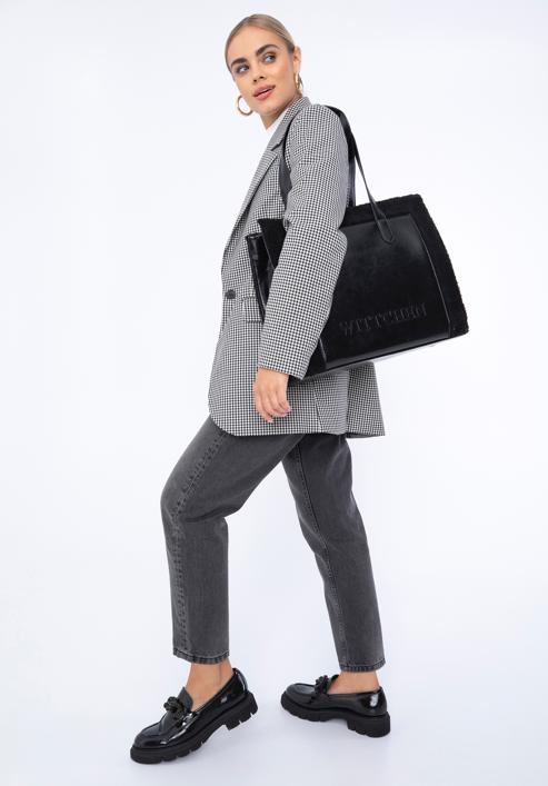 Geantă shopper cu garnitură din blană artificială, negru, 97-4Y-250-4, Fotografie 15
